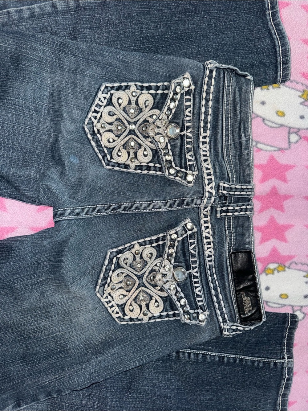 Low rise navy blue jeans with silver embellished pockets sexy couture w28